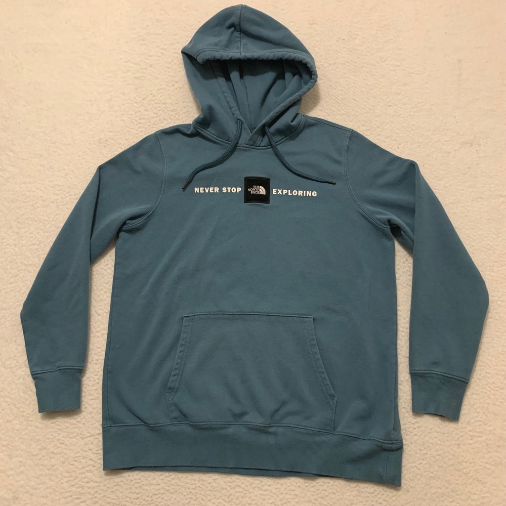 The North Face Never Stop Exploring Patched Hoodie Womens L Pullover Teal Blue